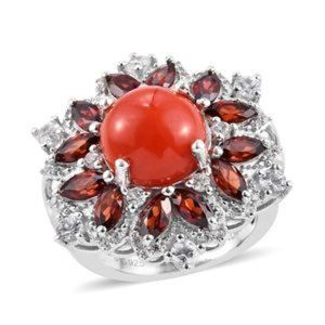 Red Coral, Zircon & Garnet Ring in 925 Sterling Silver